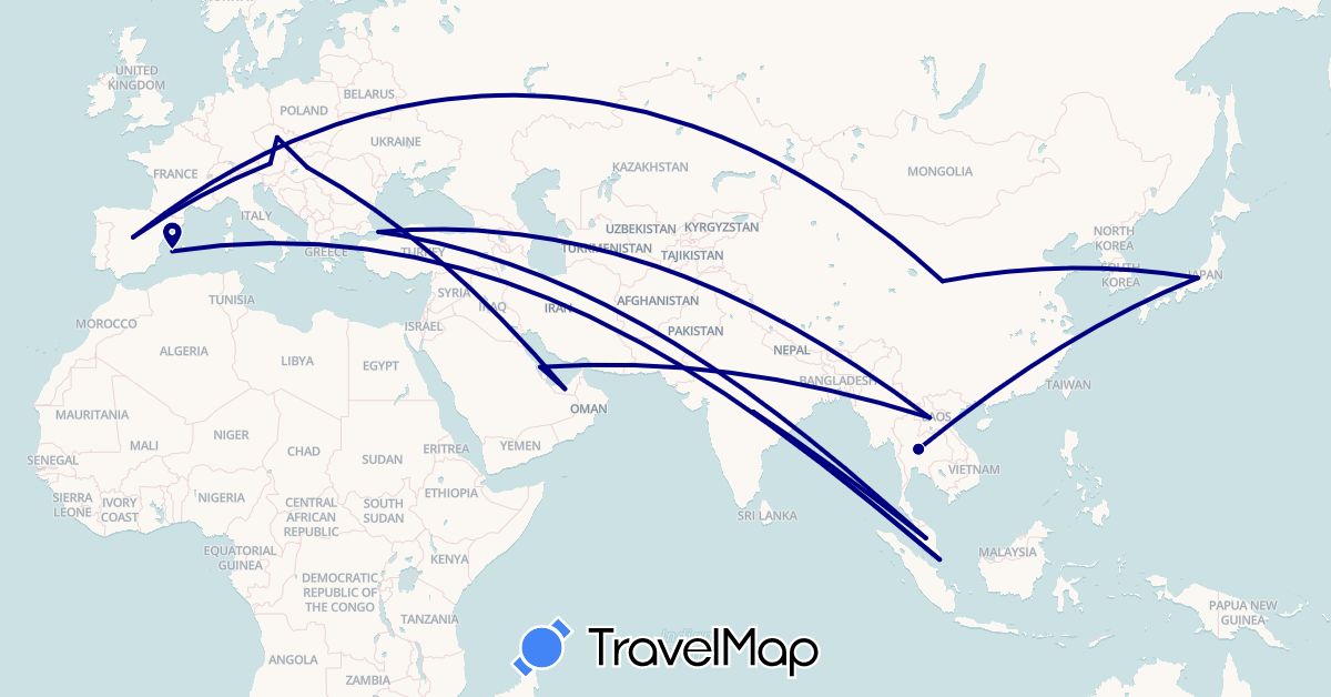 TravelMap itinerary: driving in United Arab Emirates, Austria, Bahrain, China, Czech Republic, Spain, Hungary, India, Japan, Laos, Malaysia, Singapore, Thailand, Turkey (Asia, Europe)